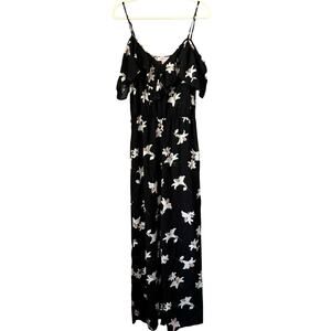 Band of Gypsies Floral Wide-Leg Jumpsuit Ruffled Neckline Womens L New